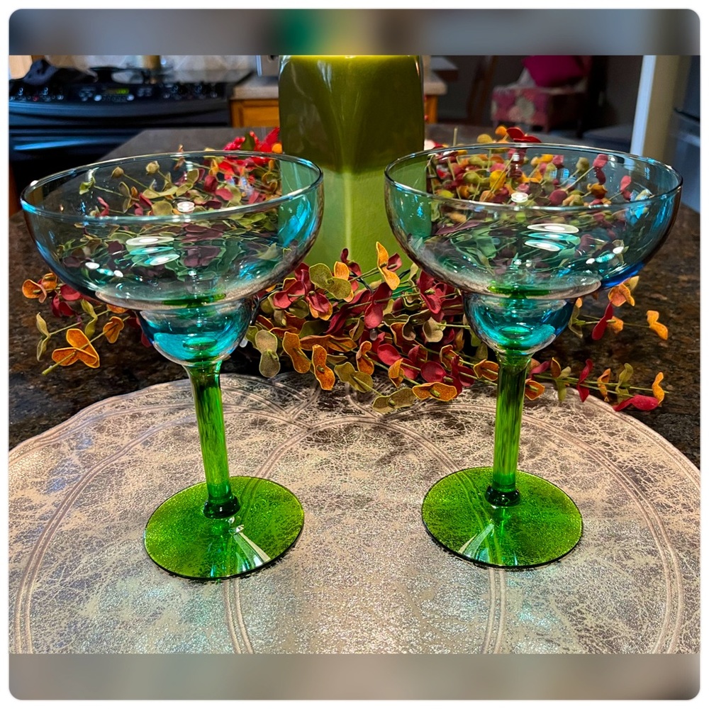 Pair of Hand Blown Blue & Green Margarita Glasses-EUC!!!